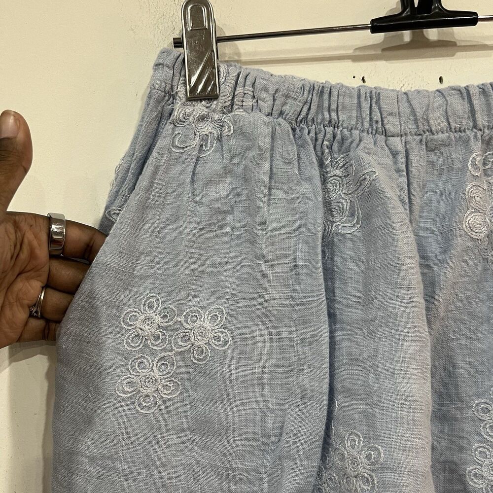 NWOT  Terzo Millennio Light Blue Wide Leg Linen Pants Embroidered Flowers Small - Picture 3 of 7